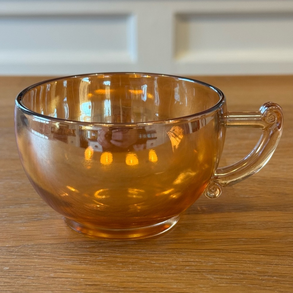 Vintage Marigold Carnival Glass Tea Cup - Iridescent Amber with Scroll Handle